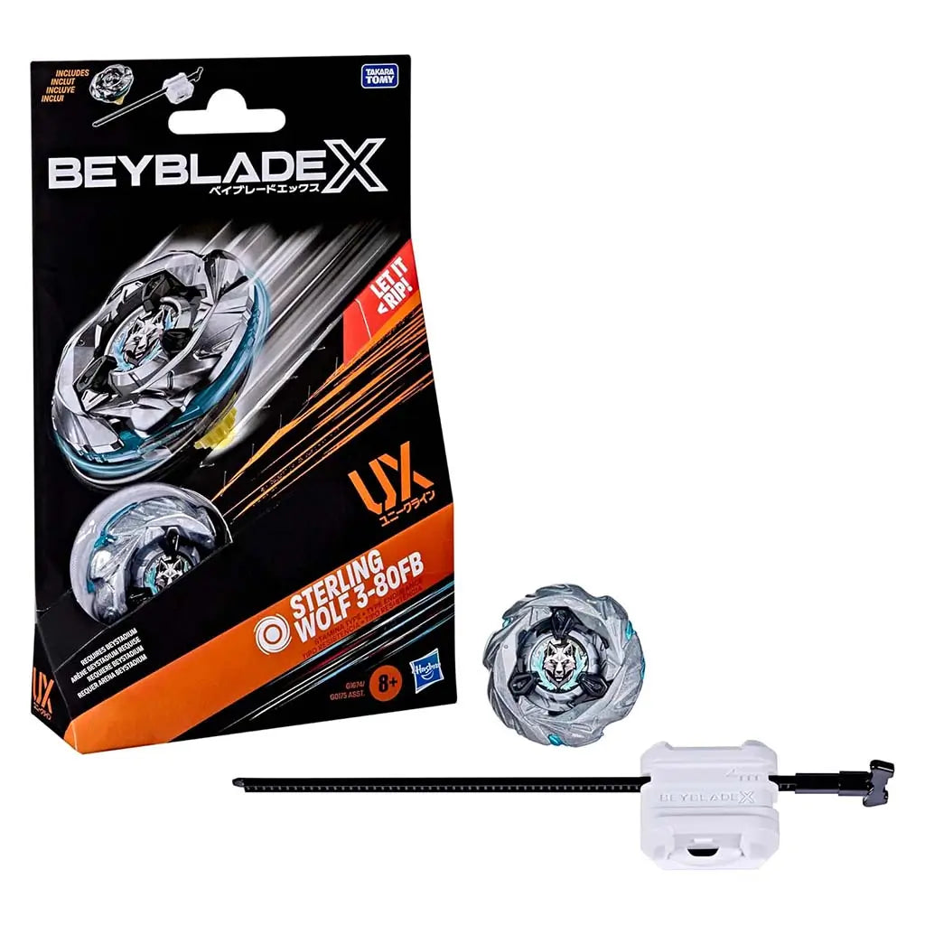 Beyblade X stamina-type top in silver with teal accents featuring a wolf emblem, shown beside a white launcher and ripcord against its angled black-and-orange package design for ages eight and up.