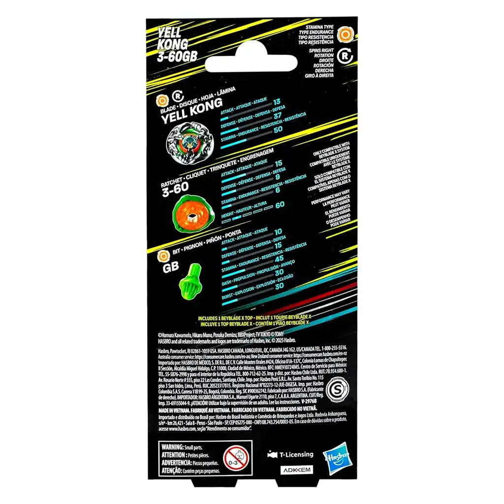 Beyblade X Yell Kong package back highlights orange and green plastic components with attack, defense and stamina stats displayed on a black background accented by angled yellow and white streaks.