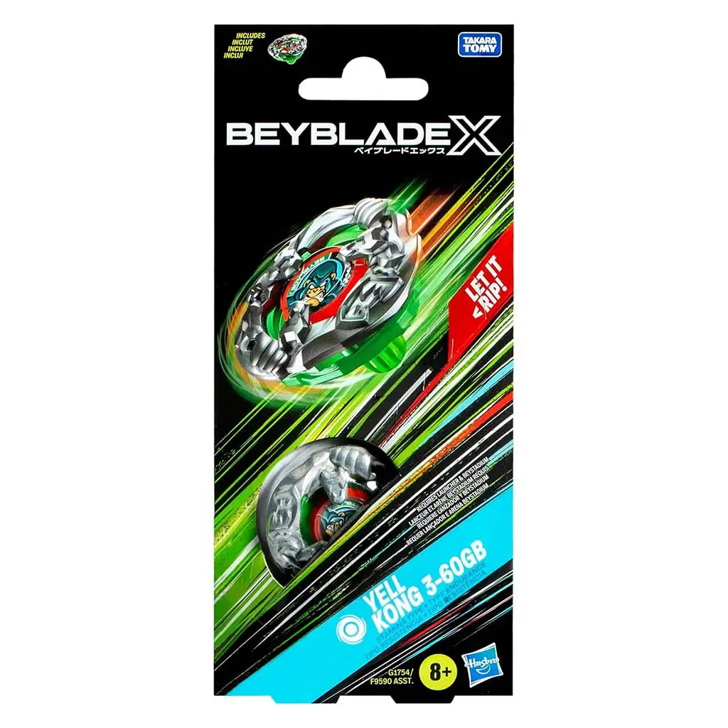 Beyblade X Yell Kong booster front displays the silver, green and red top spinning across a black background with dynamic colored streaks, clearly showing the gorilla-themed design and included parts.