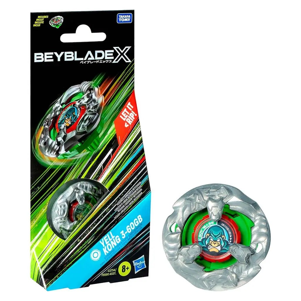 Beyblade X Yell Kong packaging shows silver and green plastic top with carved gorilla-themed shapes forming a round battle form on a black card background with neon streaks promoting the stamina set.