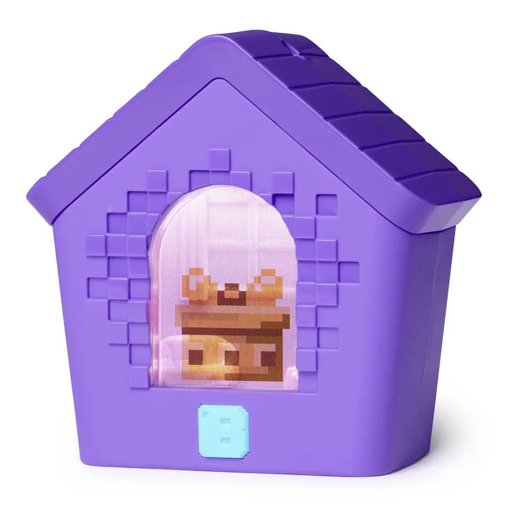Bitzee interactive digital pet doghouse photographed from a three-quarter angle, emphasizing the purple plastic structure, sloped roof design, pixel-style surface texture, and glowing arched screen.