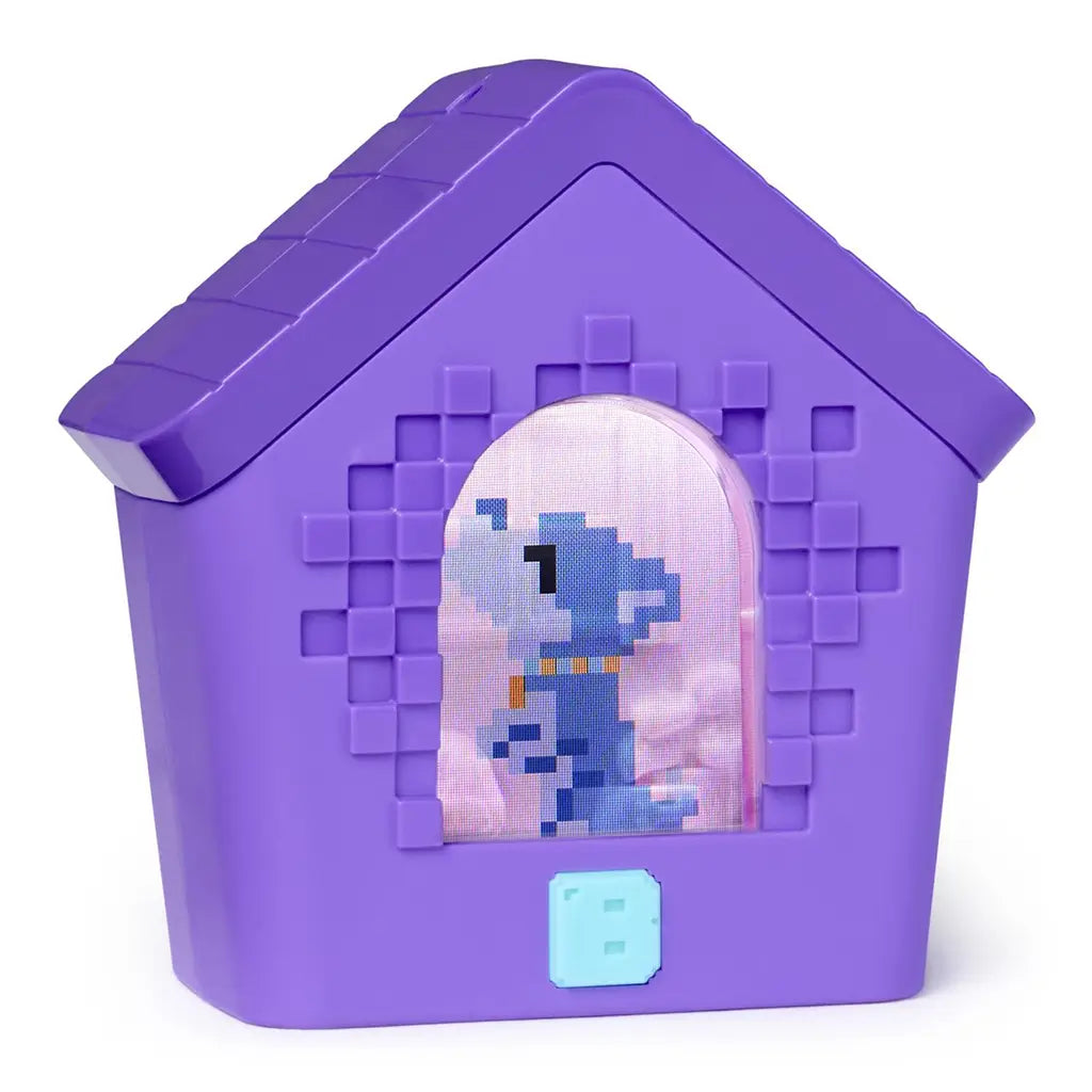Bitzee digital pet doghouse shown at an angled view, highlighting the purple molded plastic roof, blocky pixel accents, and arched display window with animated pet graphics, set against a clean white studio background.