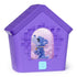 Bitzee digital pet doghouse shown at an angled view, highlighting the purple molded plastic roof, blocky pixel accents, and arched display window with animated pet graphics, set against a clean white studio background.