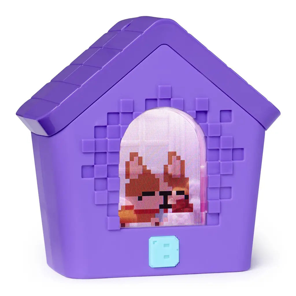 Bitzee interactive digital pet doghouse displaying a pixel-style blue dog character on the arched screen, housed in a purple plastic doghouse with textured square details and a small front button.