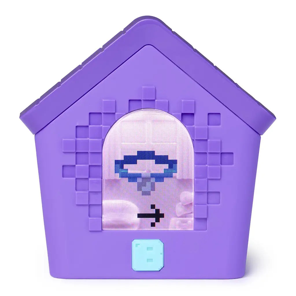 Bitzee digital pet doghouse toy showing a pixelated brown dog character inside the arched display window, surrounded by a purple plastic house with raised square textures and a light blue control button.