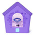 Bitzee digital pet doghouse toy showing a pixelated brown dog character inside the arched display window, surrounded by a purple plastic house with raised square textures and a light blue control button.