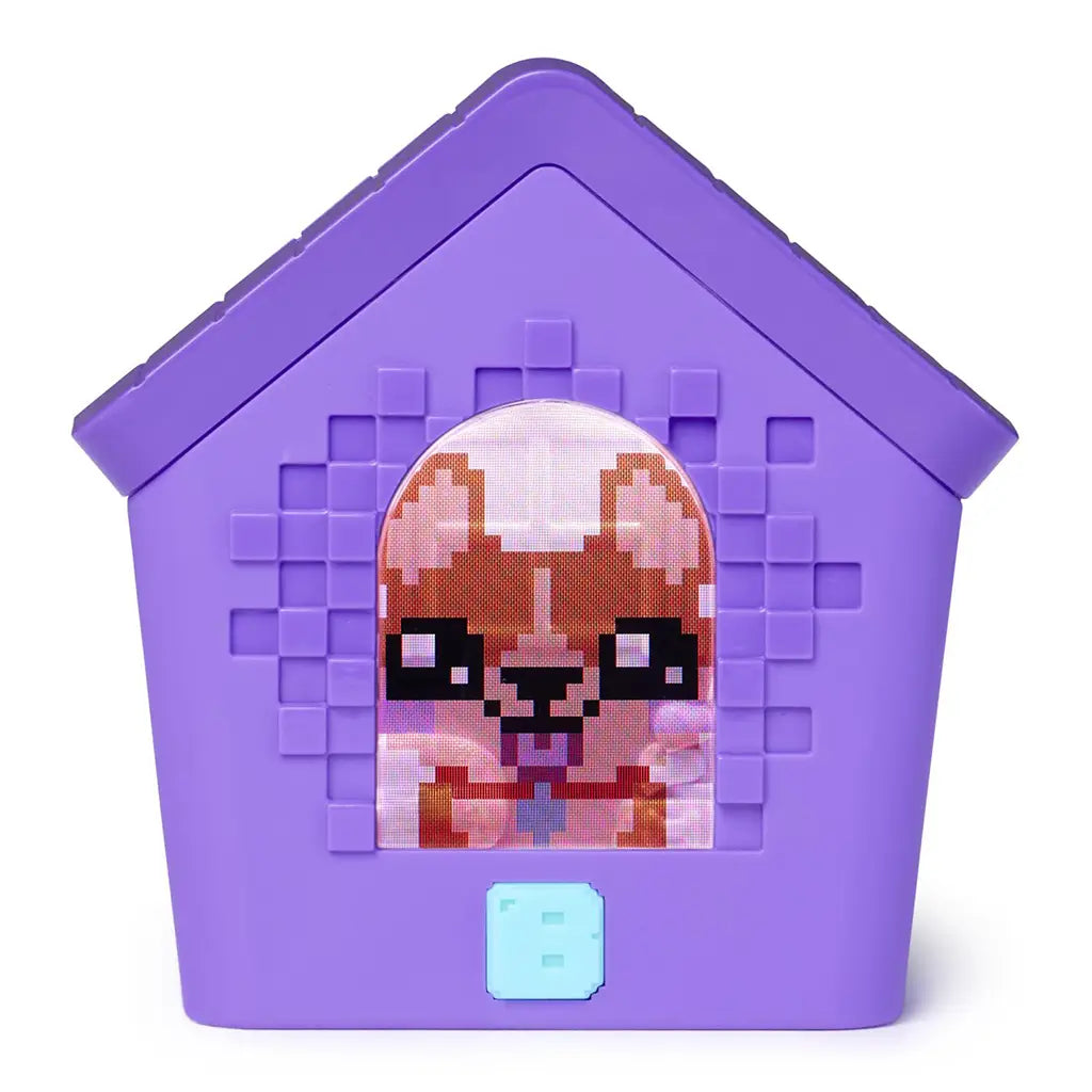 Bitzee interactive digital pet doghouse showing a close-up pixel dog face on the arched display, framed by a purple plastic house with raised square detailing and a light blue button below the screen.