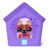 Bitzee interactive digital pet doghouse showing a close-up pixel dog face on the arched display, framed by a purple plastic house with raised square detailing and a light blue button below the screen.
