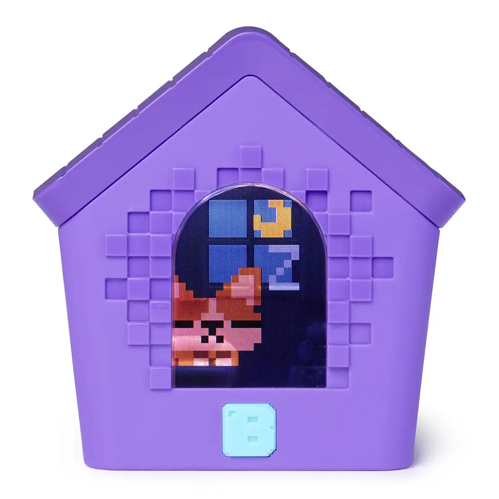 Bitzee digital pet doghouse featuring a pixel-art interface icon on the arched screen, set within a purple molded plastic house with blocky textures, front button control, and white studio background.