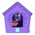 Bitzee digital pet doghouse featuring a pixel-art interface icon on the arched screen, set within a purple molded plastic house with blocky textures, front button control, and white studio background.