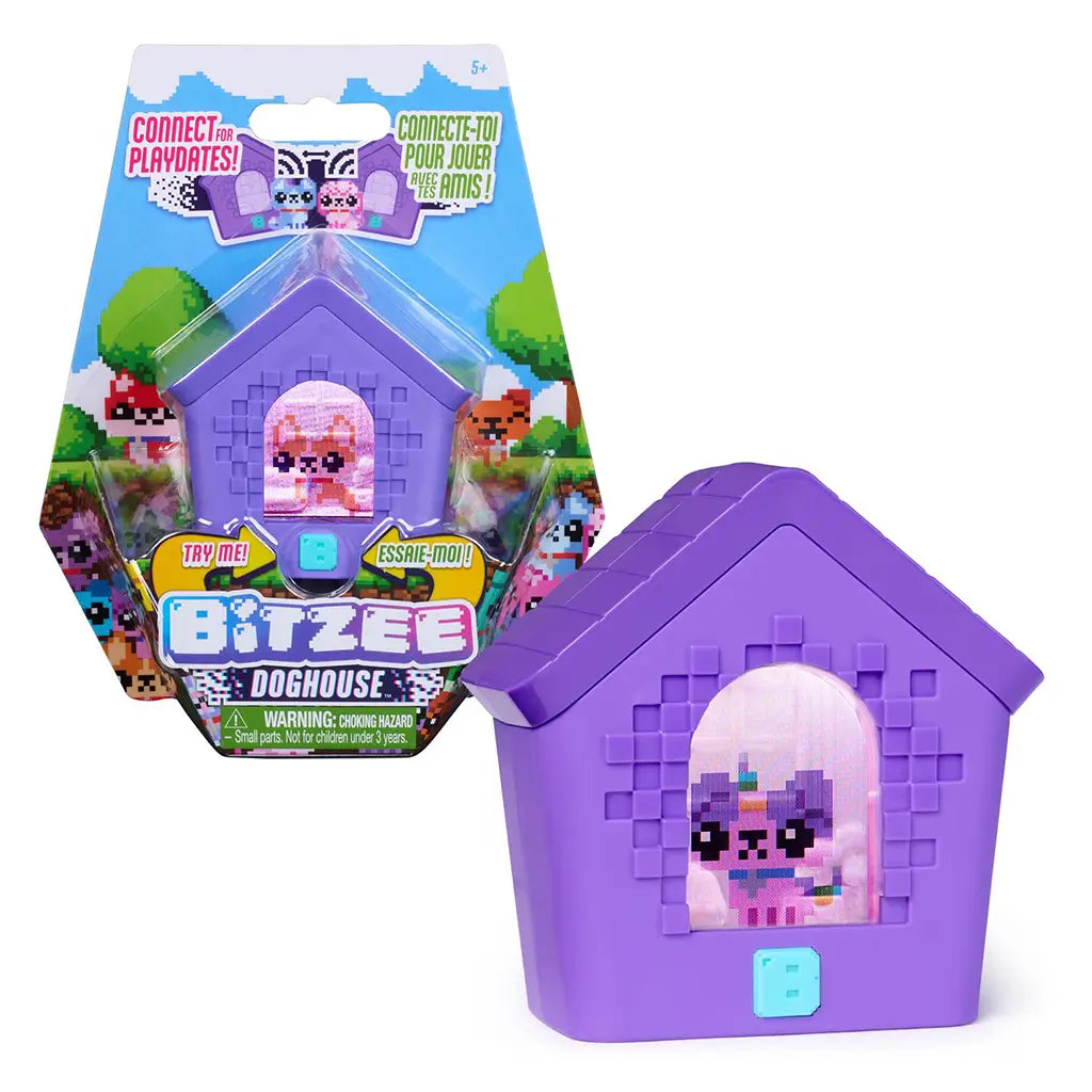 Bitzee interactive digital pet doghouse toy featuring a purple plastic house with pixel-textured details, arched window screen, and animated digital dog character displayed inside, photographed on a white background.