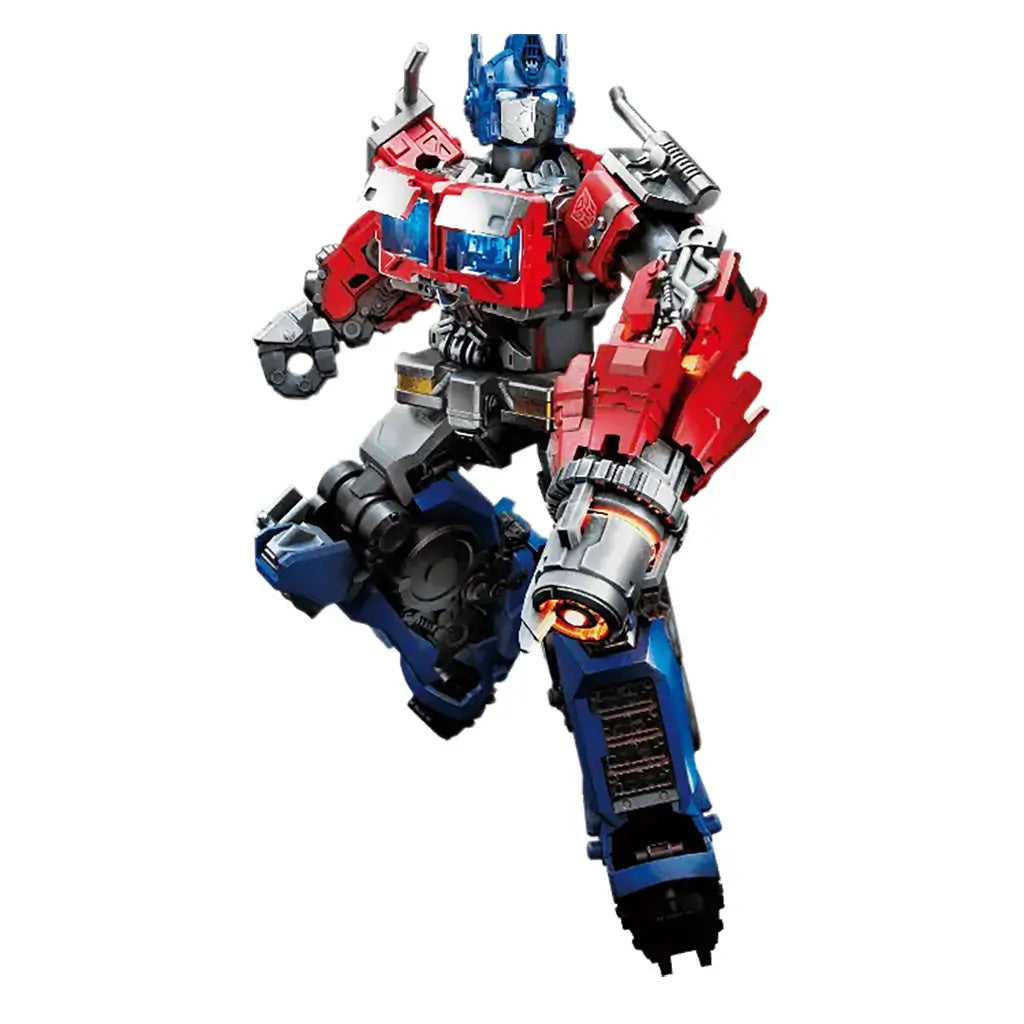Transformers Optimus Prime figure by Blokees features red, blue and silver molded armor, glowing blue eyes and chest windows, and a large illuminated arm cannon in an action pose.