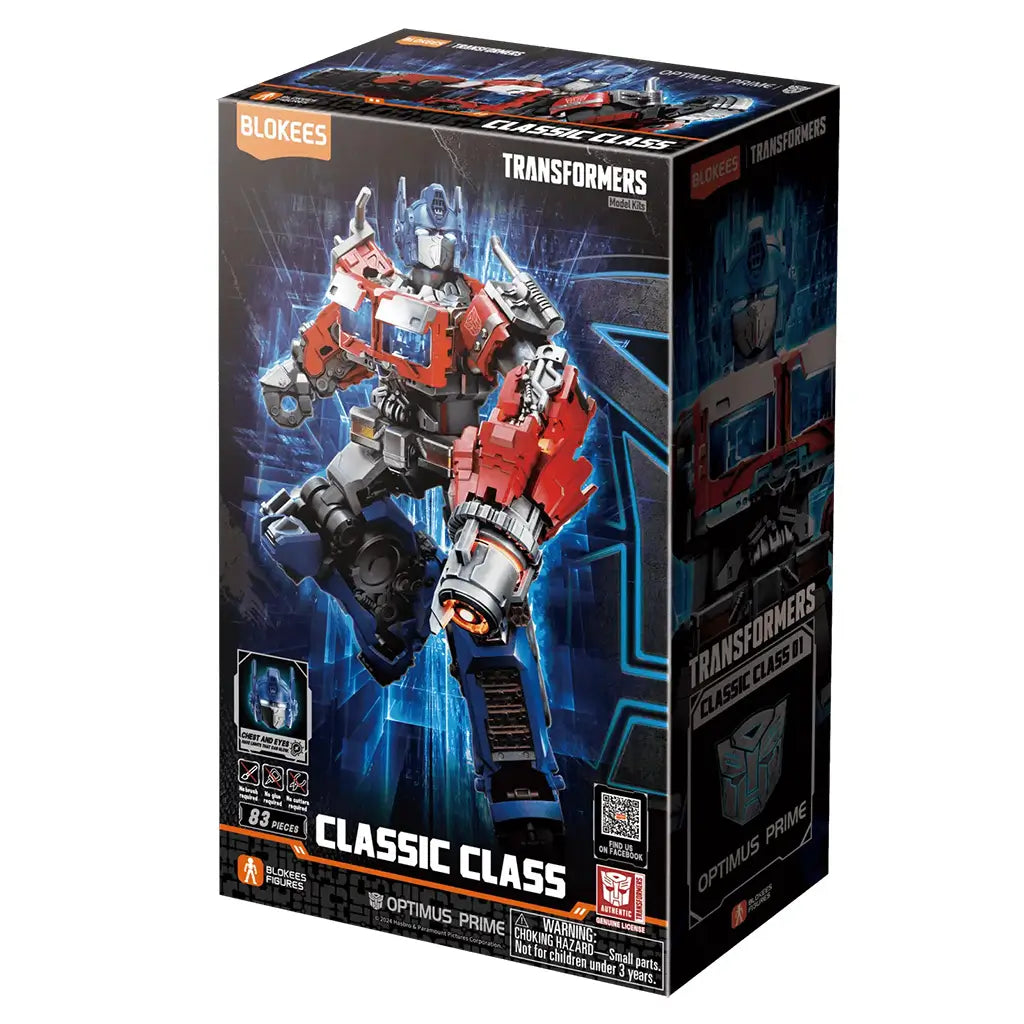 Transformers Optimus Prime model kit by Blokees comes in a black, blue and red Classic Class 01 box showing the armored robot in action, with 83 pieces.