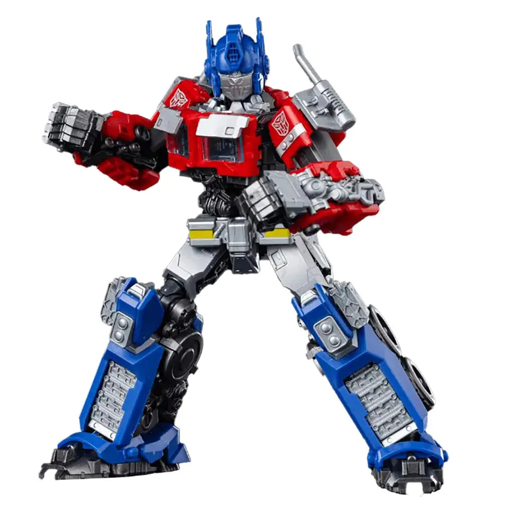 Transformers Optimus Prime figure by Blokees features red, blue and silver molded armor with articulated joints, posed dynamically with raised fists on a white background.