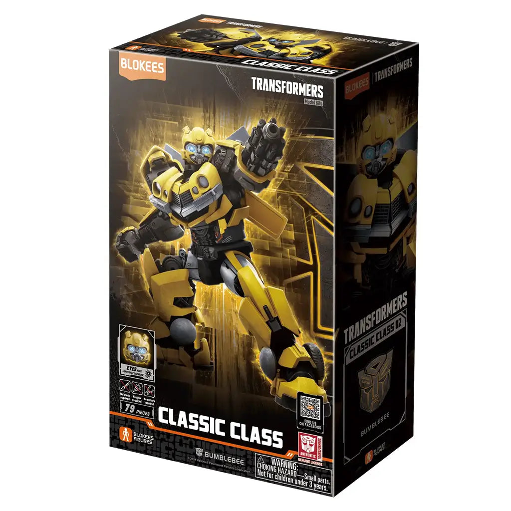Transformers Bumblebee model kit by Blokees comes in a black and yellow Classic Class 02 box showing the yellow armored robot in an action pose, with 79 pieces.