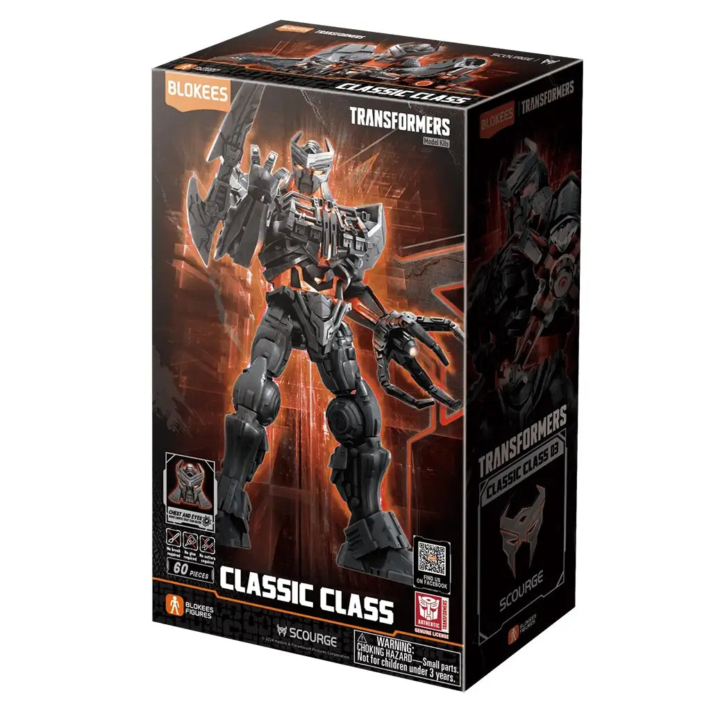Transformers Scourge model kit by Blokees comes in a black and orange Classic Class 03 box showing the dark armored robot posed with clawed hands, with 60 pieces.
