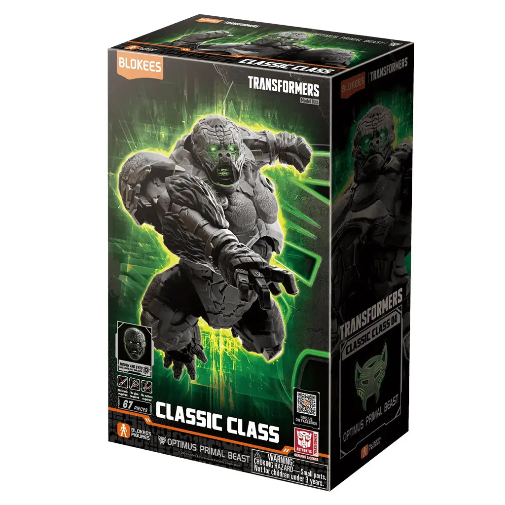 Transformers Optimus Primal Beast model kit by Blokees comes in a black and green Classic Class 04 box showing the dark gorilla robot lunging forward, with 67 pieces.