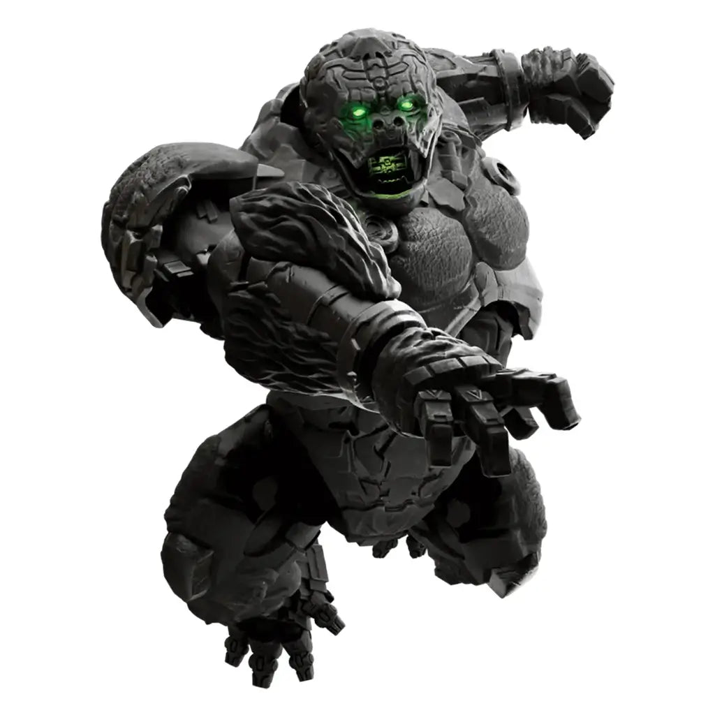 Transformers Optimus Primal Beast figure by Blokees features black and gray textured armor, vivid green eyes and mouth details, and a muscular gorilla form lunging forward.