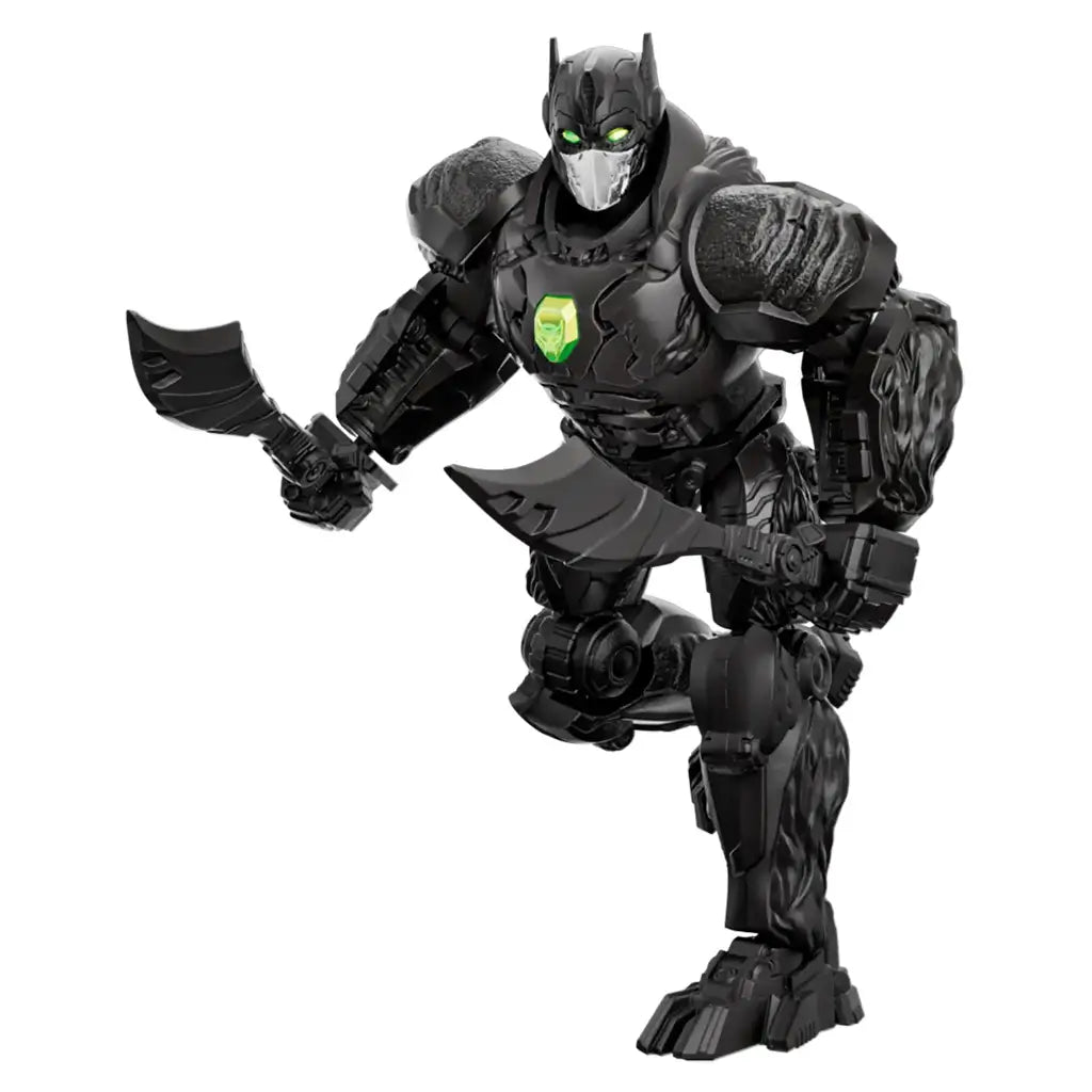 Transformers Optimus Primal figure by Blokees features black textured armor, silver face details, glowing green eyes and chest emblem, and twin curved blades in an action pose.