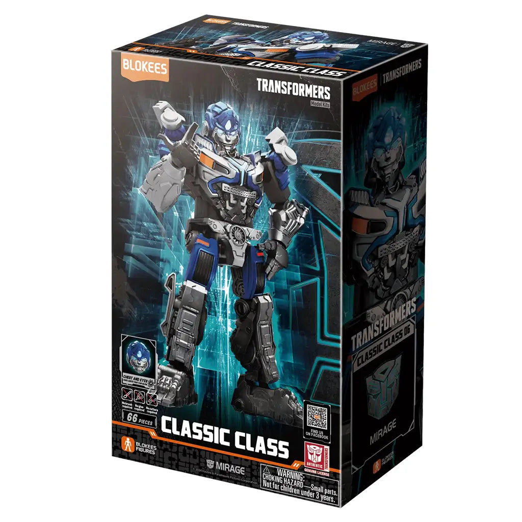 Transformers Mirage model kit by Blokees comes in a black and teal Classic Class 06 box showing the blue, silver, and black robot in an action pose with 66 pieces.