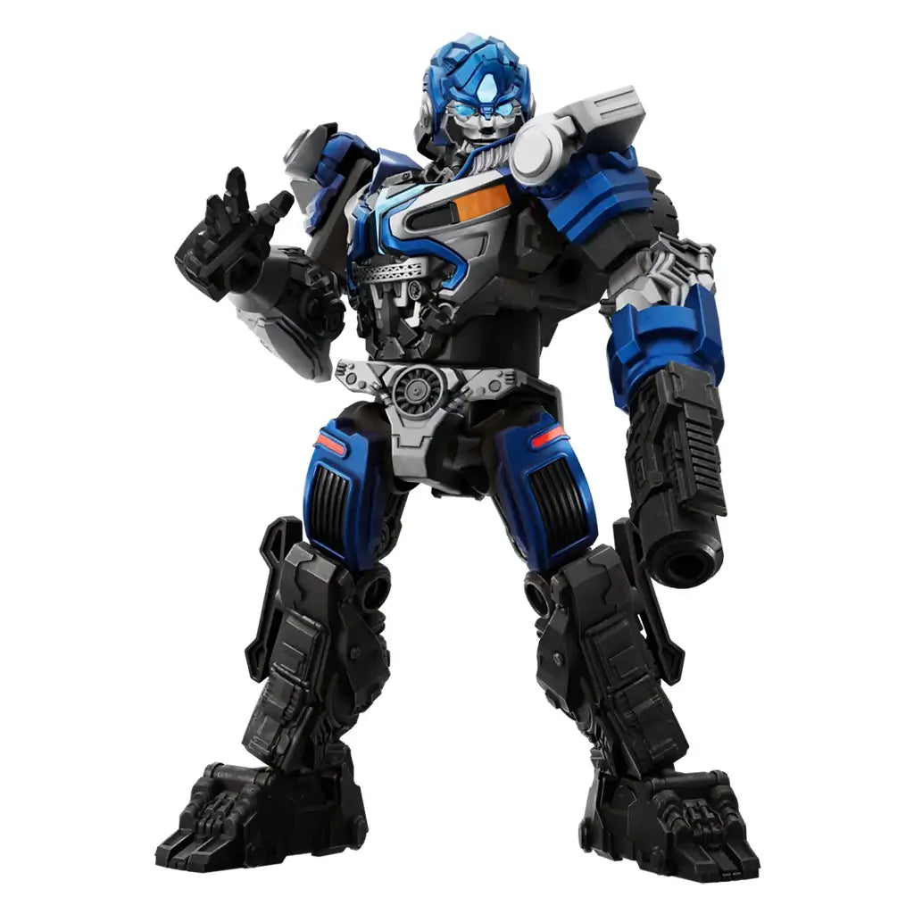 Transformers Mirage figure by Blokees features blue, silver, and black articulated armor, bright blue eyes, orange chest detail, and a black arm cannon on a white background.