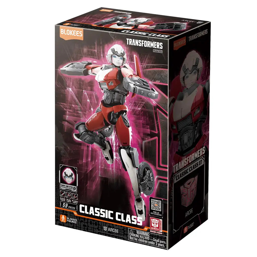 Transformers Arcee model kit by Blokees comes in a black and pink Classic Class 07 box showing the red, white, and gray robot in an action pose with 59 pieces.