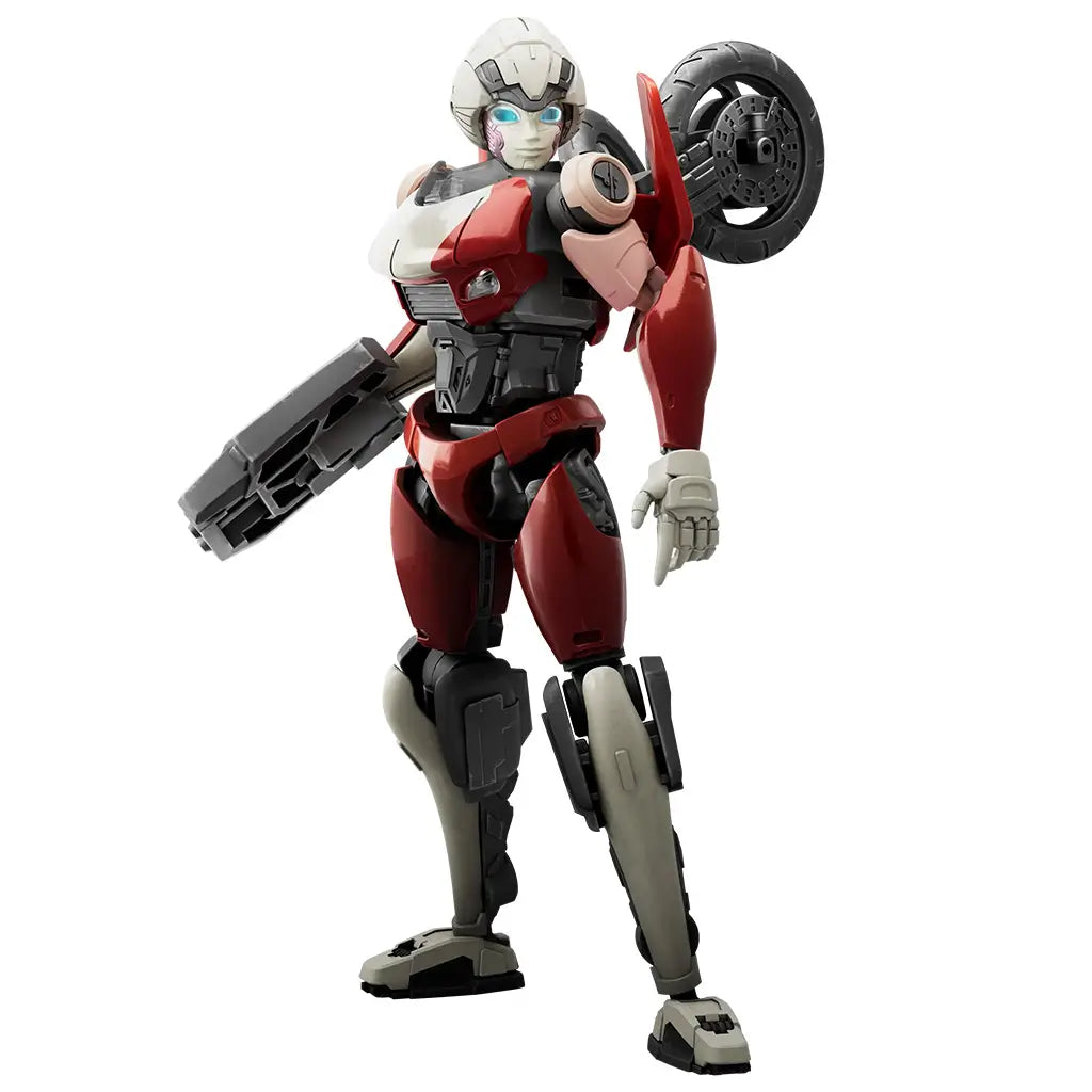 Transformers Arcee figure by Blokees features red, white, black, and gray articulated armor, bright blue eyes, wheel details, and a forearm blaster on a white background.