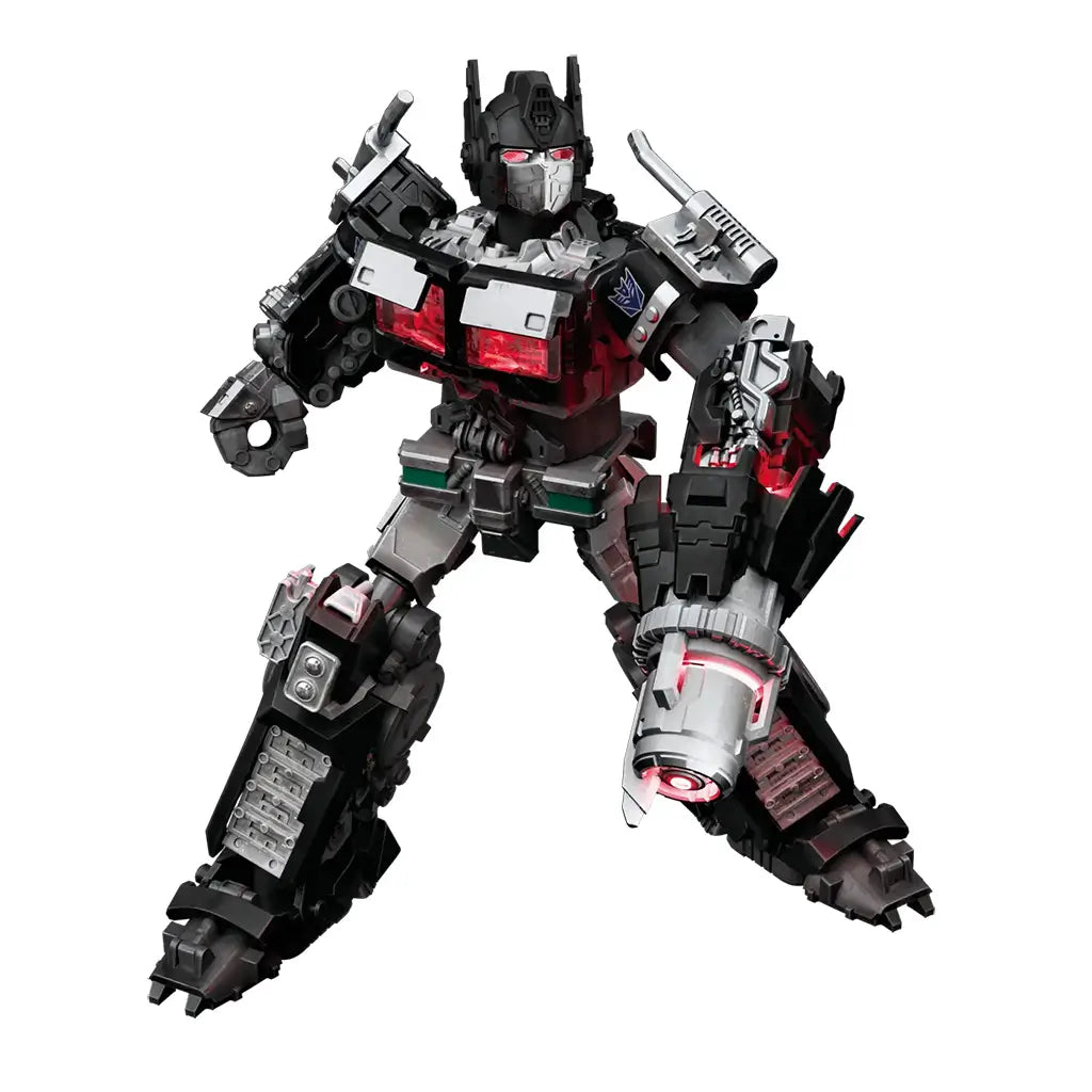 Transformers Nemesis Prime figure by Blokees features black and gray articulated armor, red chest windows and eyes, and a large silver cannon in a wide action pose on white.