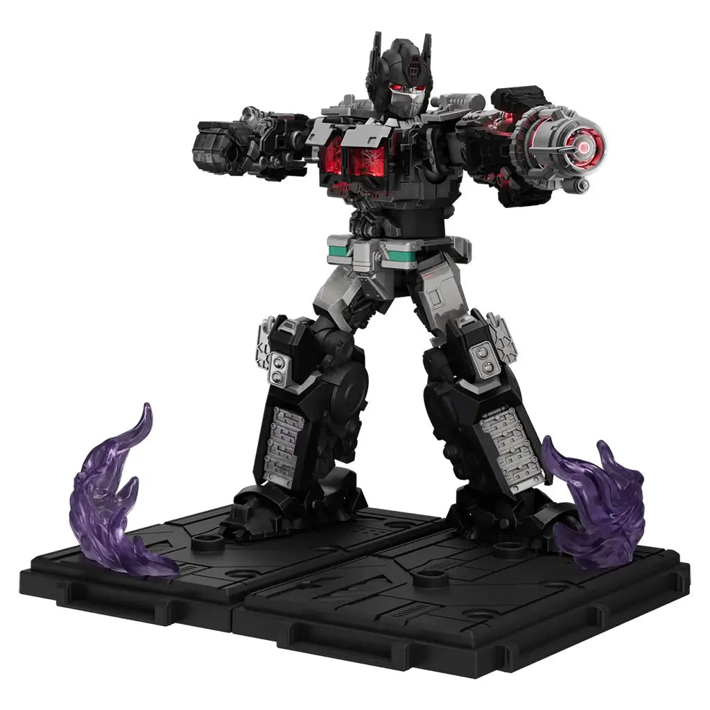 Transformers Nemesis Prime figure by Blokees features black and gray armor with red accents, posed with a cannon on a black display base framed by purple energy effects.