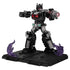Transformers Nemesis Prime figure by Blokees features black and gray armor with red accents, posed with a cannon on a black display base framed by purple energy effects.