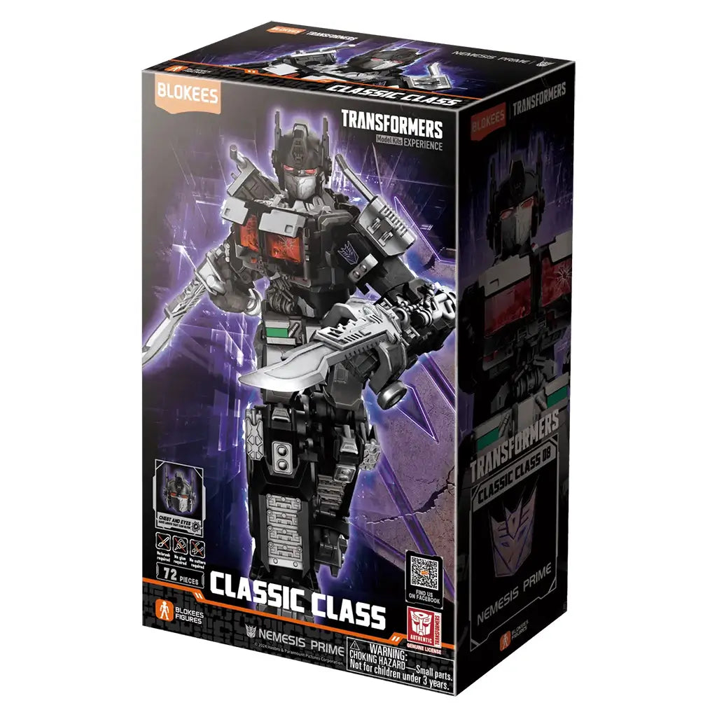 Transformers Nemesis Prime model kit by Blokees comes in a black and purple Classic Class 08 box showing the armored robot with red windows and a silver weapon.