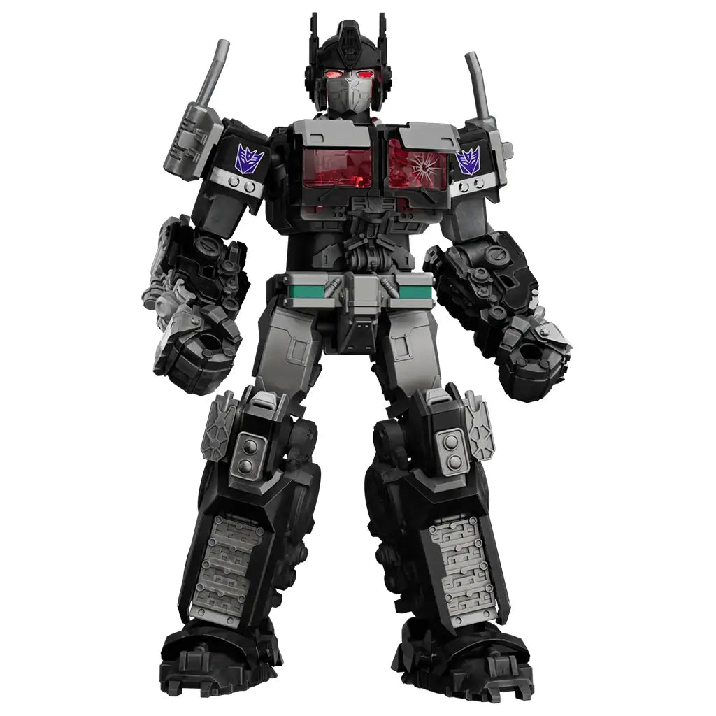 Transformers Nemesis Prime figure by Blokees features black and gray armor, red eyes and chest windows, purple Decepticon emblems, rugged legs, and mechanical details.
