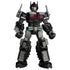 Transformers Nemesis Prime figure by Blokees features black and gray armor, red eyes and chest windows, purple Decepticon emblems, rugged legs, and mechanical details.