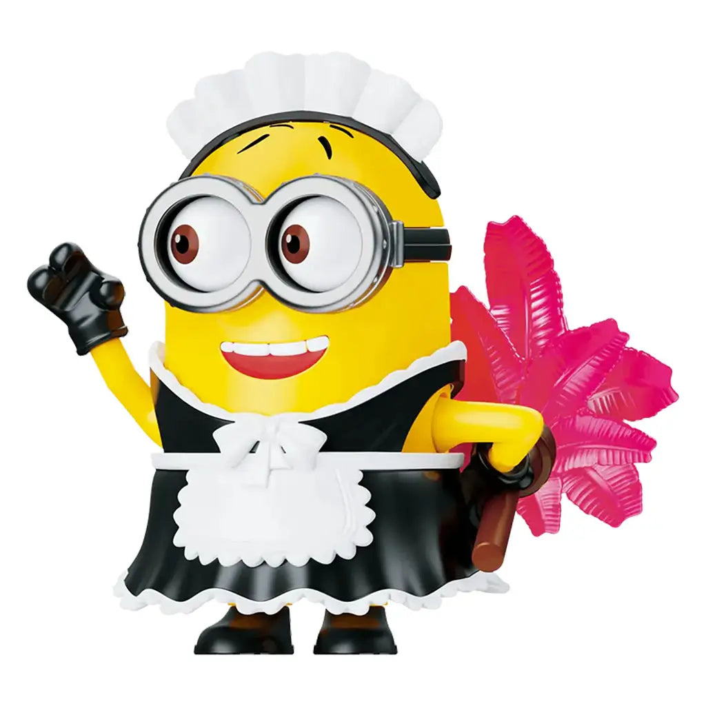 Blokees Minions N-Disguise maid-style toy figure in a black-and-white uniform with a pink feather duster accessory.