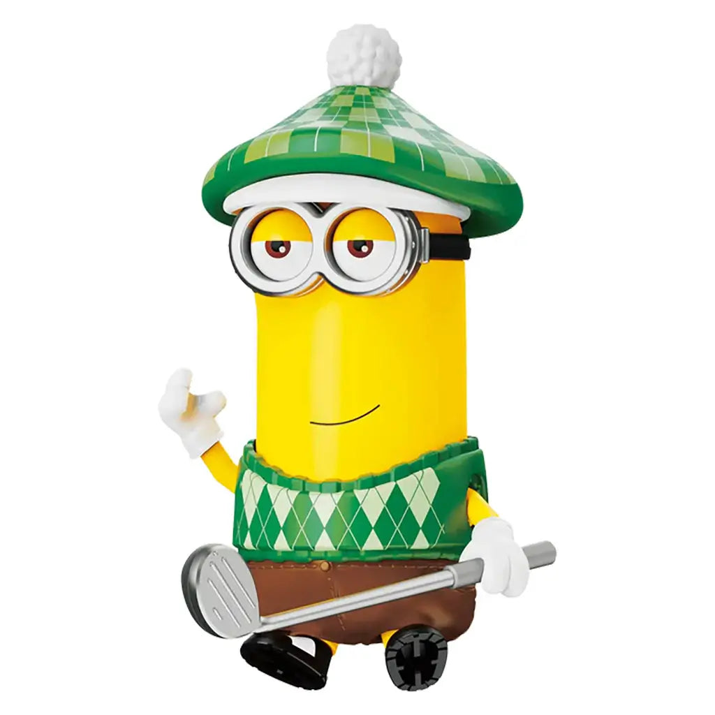 Blokees Minions N-Disguise toy figure dressed as a golfer with green argyle vest, matching hat, and golf club accessory.