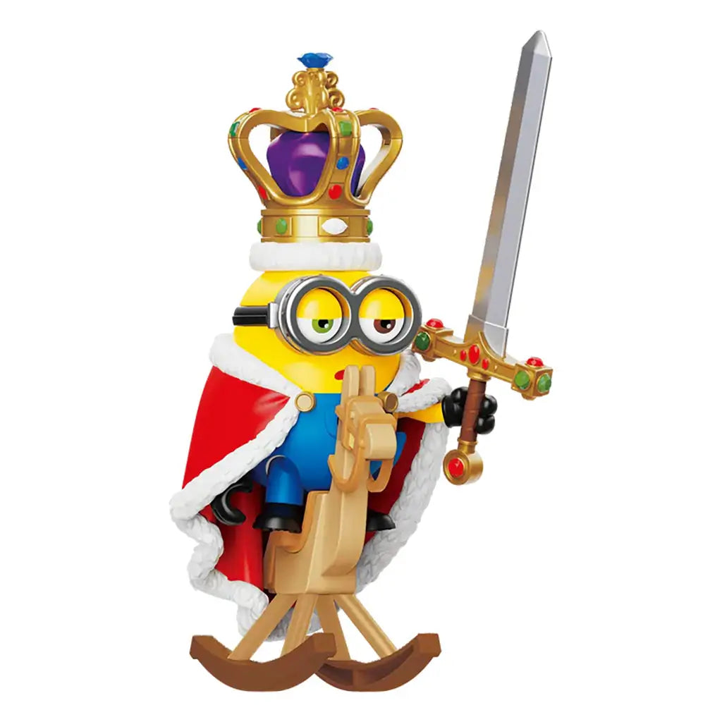 Blokees Minions N-Disguise royal toy figure wearing a golden crown, red cape, and holding a jeweled sword while riding a wooden horse.