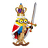Blokees Minions N-Disguise royal toy figure wearing a golden crown, red cape, and holding a jeweled sword while riding a wooden horse.