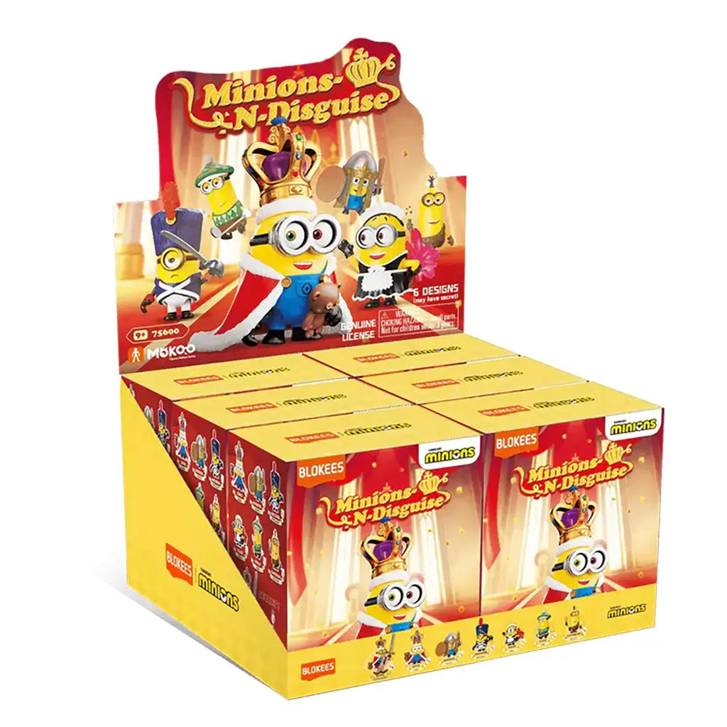 Blokees Minions N-Disguise retail display box set showcasing six collectible Minion designs with bright red and yellow artwork.