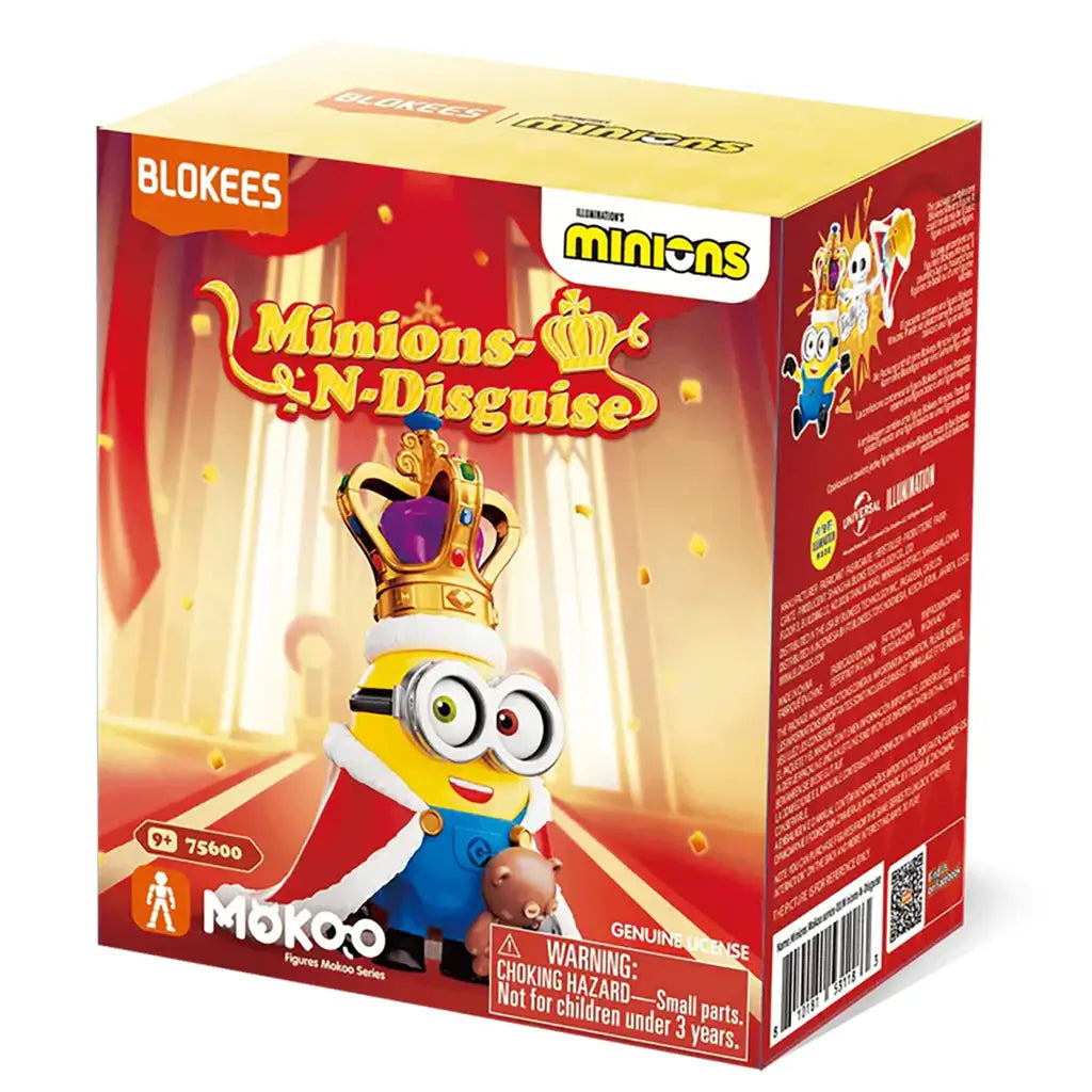 Blokees Minions N-Disguise single box packaging featuring crowned Minion king artwork and official Illumination Minions branding.