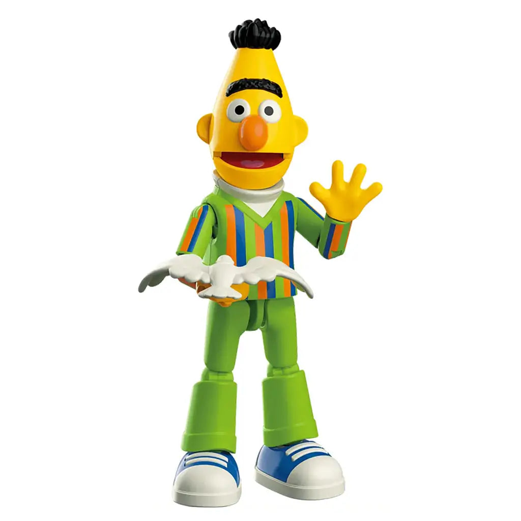 Front view of Blokees Sesame Street Bert toy figure smiling and holding a pigeon, dressed in green pants and striped sweater.