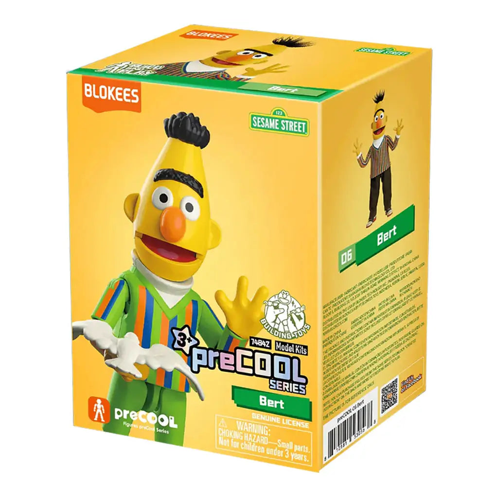 Blokees Sesame Street Bert “preCOOL Series” model kit box featuring Bert with his pigeon on a bright yellow background and official branding.