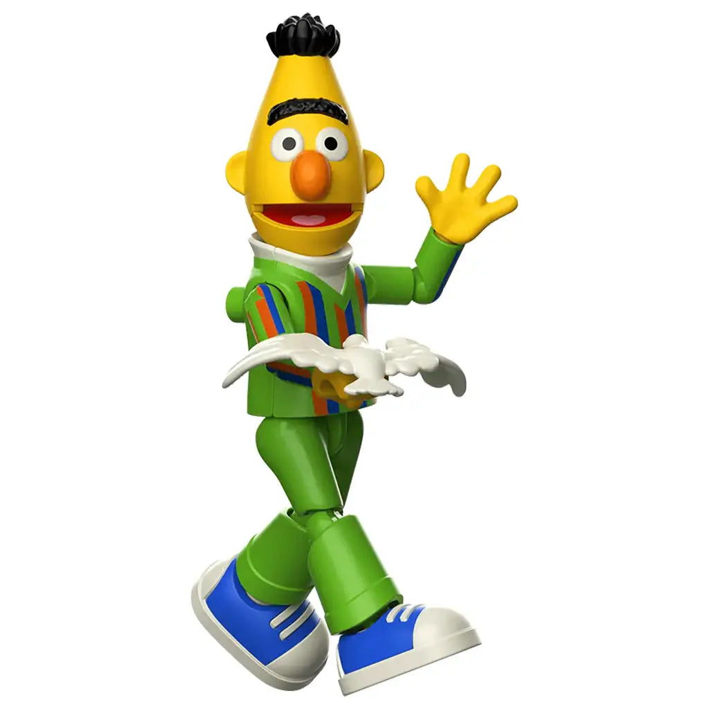 Blokees Sesame Street Bert toy figure in green outfit with colorful striped shirt, holding a white pigeon and waving with articulated joints.