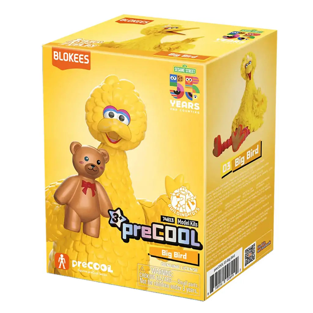 Blokees Sesame Street Big Bird model kit box in bright yellow, featuring Big Bird holding a brown teddy bear, official Sesame Street 50 Years logo, and product branding for ages 3 and up.