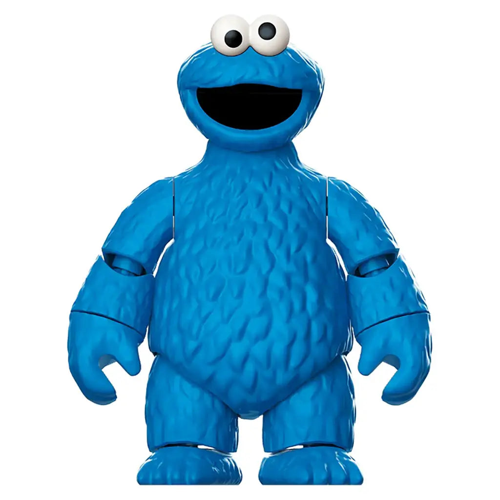 Blokees Cookie Monster figure made of bright blue plastic with molded fur texture, large googly eyes, and open mouth, standing upright with articulated limbs on a plain white background.
