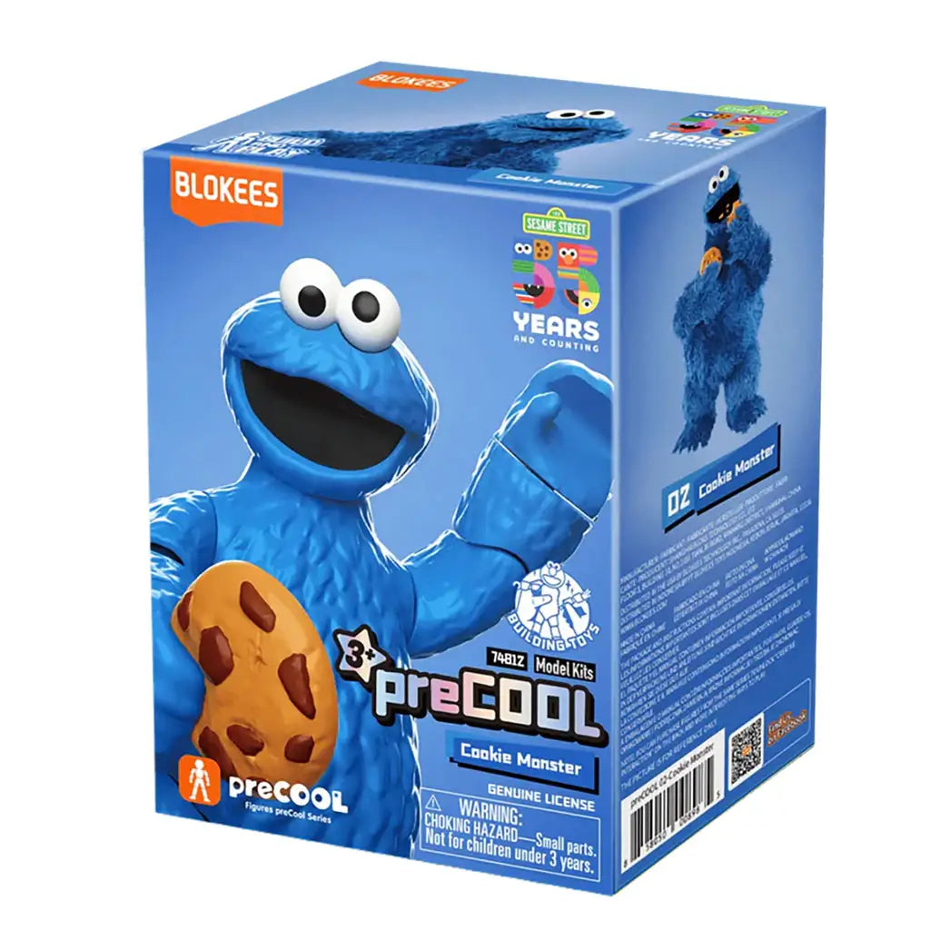 Blokees Sesame Street Cookie Monster model kit box in blue featuring Cookie Monster holding a chocolate chip cookie, official Sesame Street 50 Years logo, and preCOOL branding for ages 3 and up.