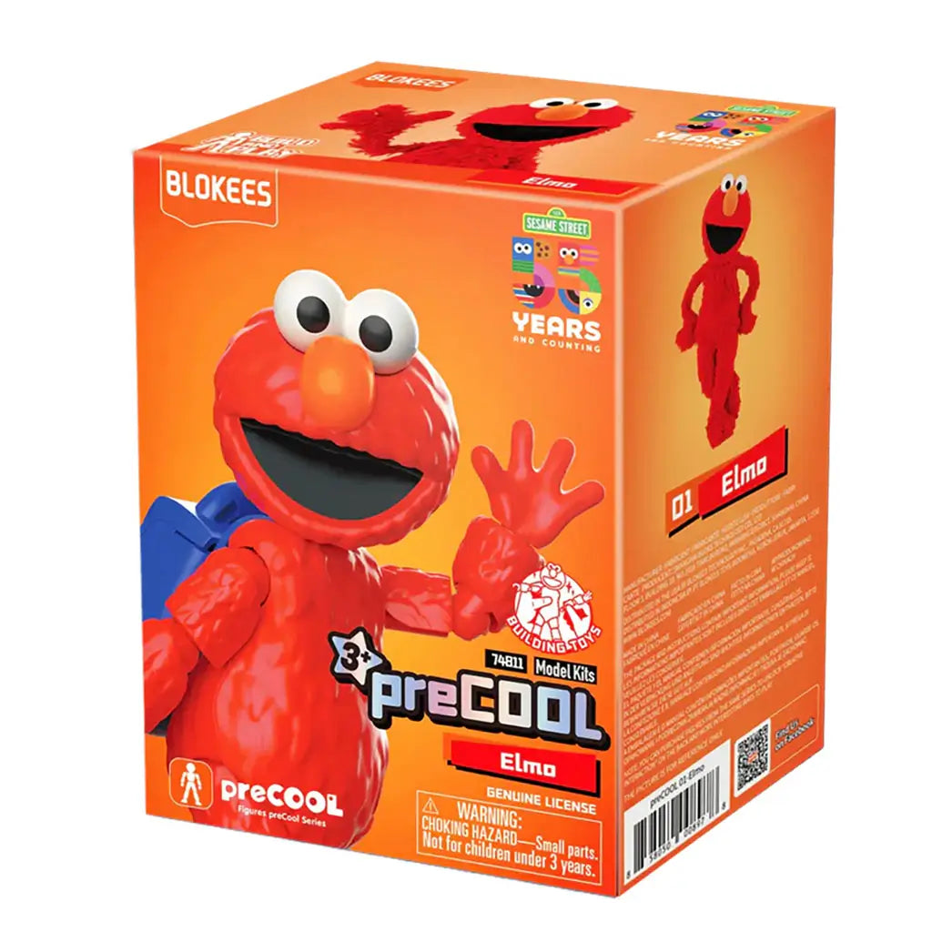Blokees Sesame Street Elmo model kit box with bright orange background featuring Elmo waving, official Sesame Street 50 Years logo, and preCOOL branding for ages 3 and up.