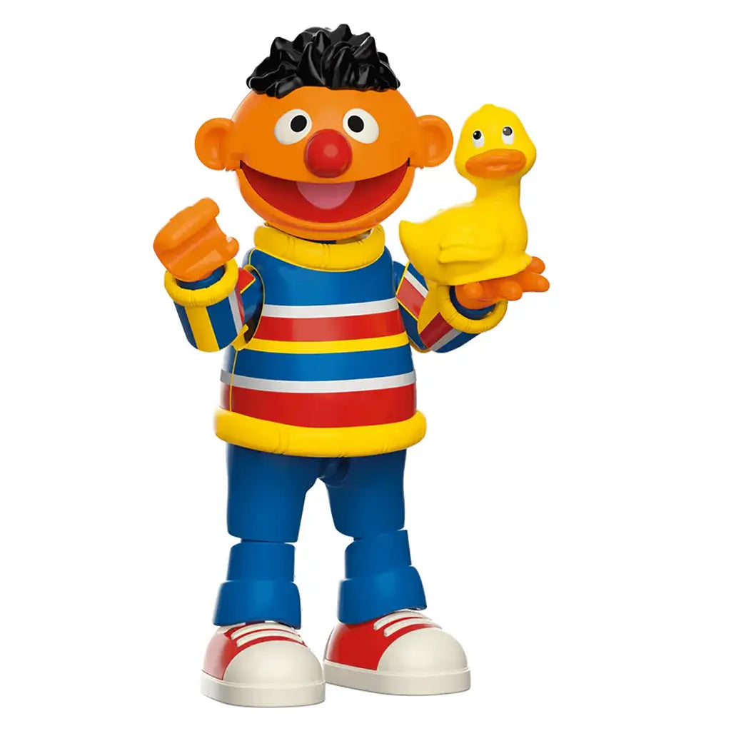 Front view of Blokees Sesame Street Ernie toy figure smiling and holding a yellow rubber duckie, wearing his signature red, blue, and yellow striped outfit.