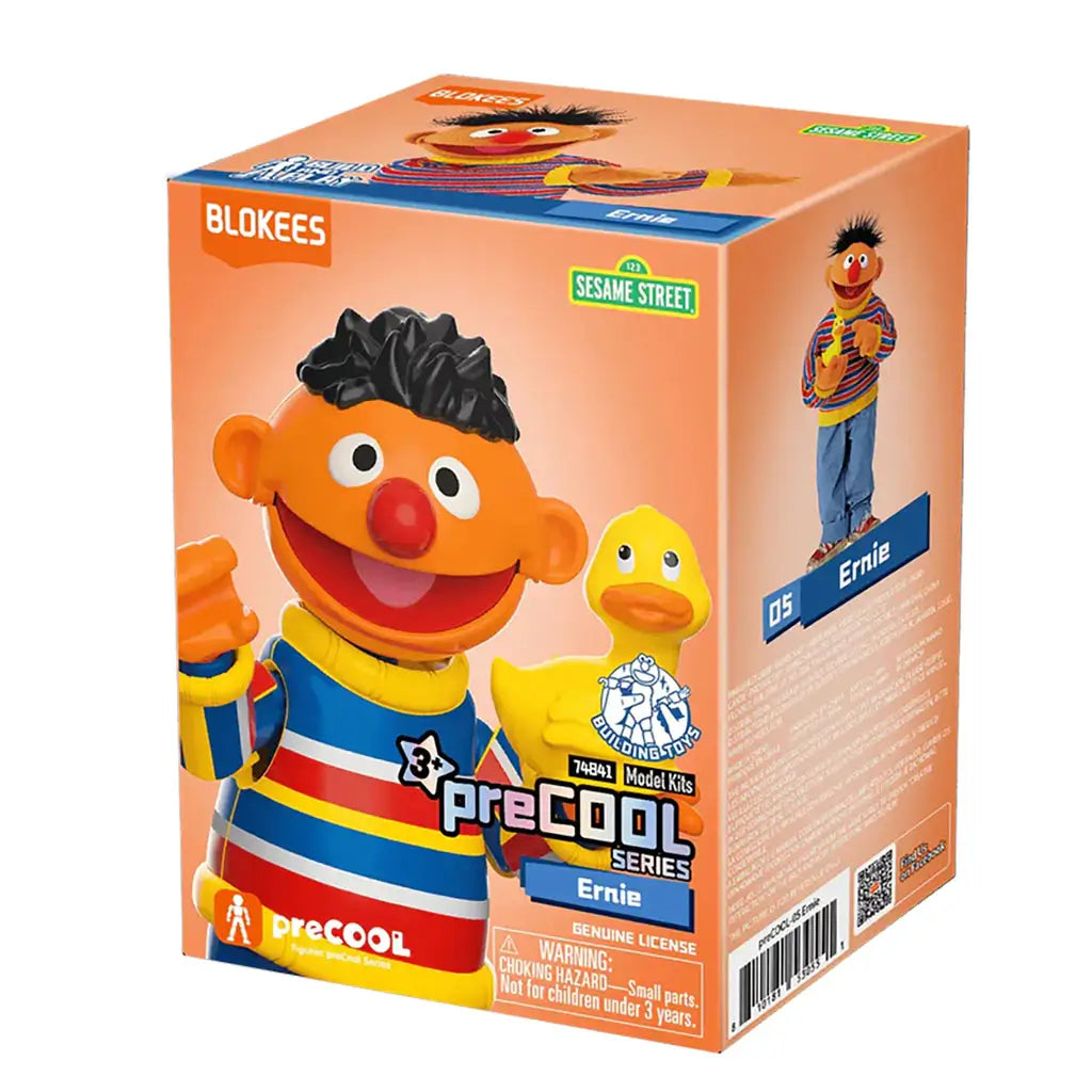 Blokees Sesame Street Ernie “preCOOL Series” model kit box featuring Ernie smiling with his rubber duckie on a bright orange background.