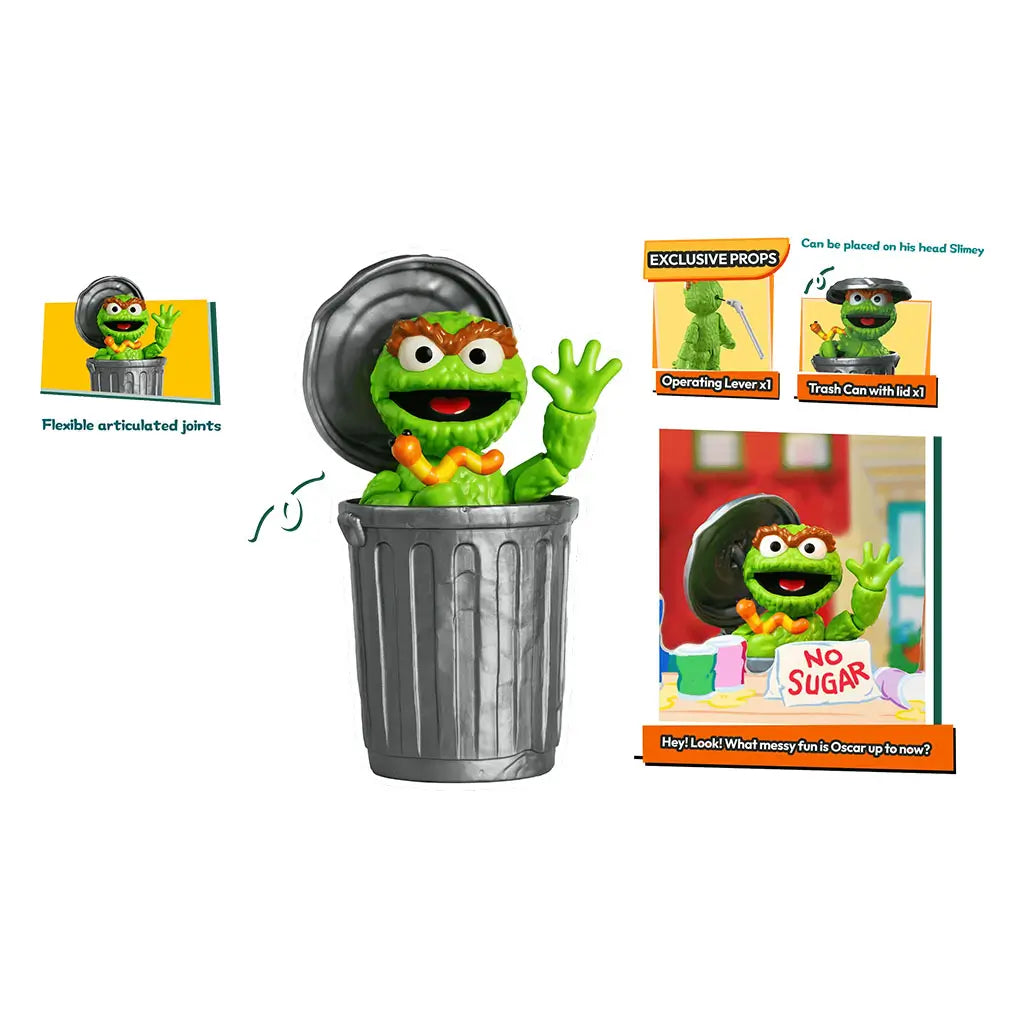 Blokees Sesame Street Oscar the Grouch toy figure with articulated joints, featuring a silver trash can accessory, operating lever, and Slimy the worm perched on his head.