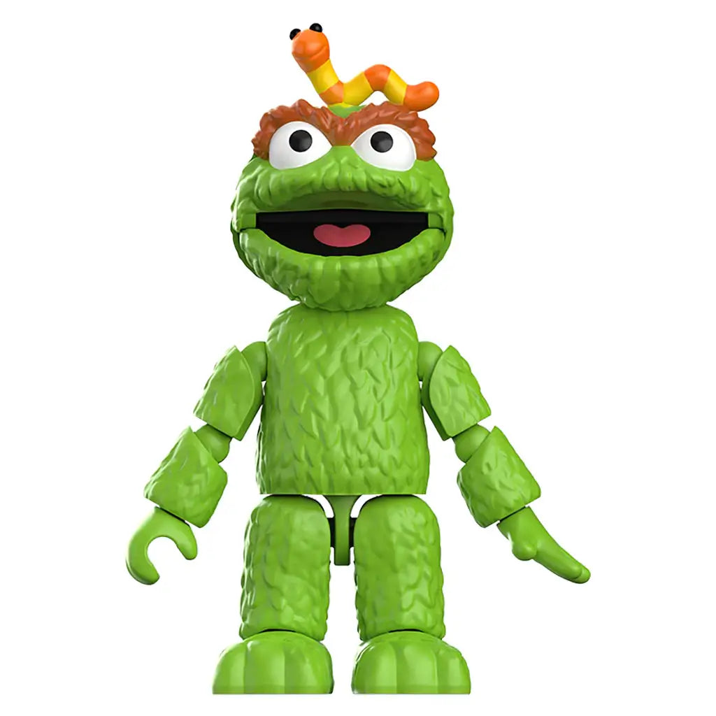 Green Blokees Oscar the Grouch toy figure with wide smile, brown eyebrows, and articulated limbs, featuring Slimy the worm on his head.